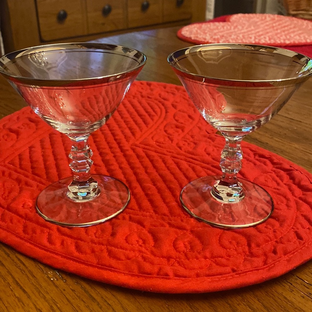 - Beautiful Champagne Crystal goblets platinum rim, hand wash only.